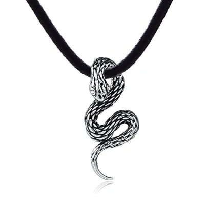 Immagine di DonDon, collana in pelle, da uomo, lunga 50 cm, con ciondolo a forma di serpente acciaio inox pietra bianca. Un sacchetto velluto incluso