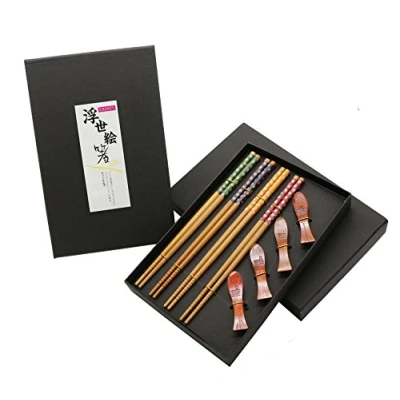 Immagine di Exzact CS04 Set di Bacchette Regalo 4 Paia bambù Naturale riutilizzabili con Pezzi Stand per Bacchette/resti in Una Bellissima Scatola Nera Fatta a Mano
