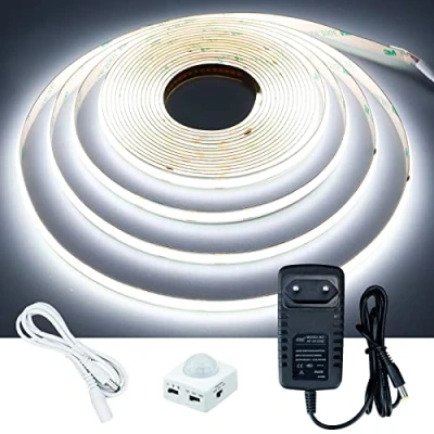 Immagine di GOMING COB 5m Luce Notturna a LED Bianco Freddo 6000K con Sensore di Movimento Striscia Luminosa Alimentatore per Mobili da Cucina, Scala, Vetrina, Camera Letto, Letto