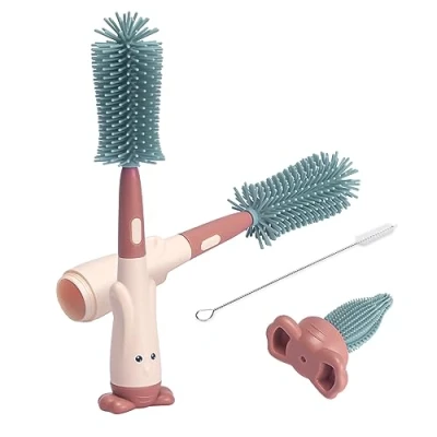 Immagine di Scovolino biberon Alyvisun [3 in 1] silicone con spazzola per capezzoli e cannucce, [non graffiante]conservazione verticale,rossa