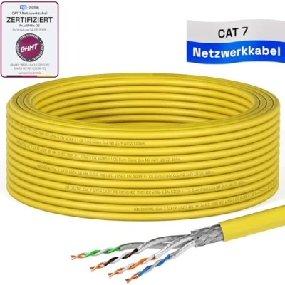 Immagine di HB DIGITAL cavo di rete CAT.7, 15 m, LAN, AWG 23, in puro rame S/FTP PiMF LSZH, privo alogeni, RoHS Compliant Ethernet, dati PoE 10 Gbit/s GHMT certificato giallo