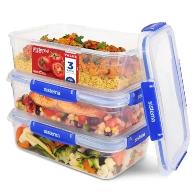 Immagine di Sistema KLIP IT PLUS Contenitori per alimenti Rettangolari 2,2 L con coperchi, a prova di perdite, impilabili ed ermetici, adatti frigorifero e congelatore Senza BPA 3 pezzi