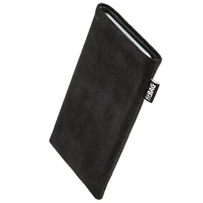 Immagine di fitBAG Classic Nero per Apple iPhone 15 PRO Alcantara Custodia Cellulare con Imbottitura in Microfibra Accessorio Funzione di Pulizia Made Germany