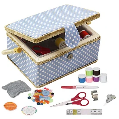 Immagine di D&amp;D, scatola da cucito con kit accessori, cestino organizer in legno accessori per la casa e i viaggi, color blu a pois, grande medium Blue