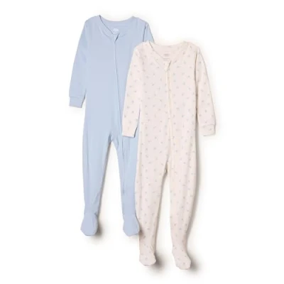 Immagine di Amazon Essentials x Sofia Grainge Pigiami con Piedi Attillati in Cotone Unisex Bimbi, Pacco da 2, Celeste/Coniglietti Piccoli, 0 Mesi