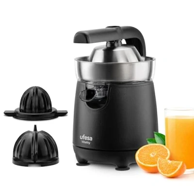 Immagine di Ufesa Vitality, Spremiagrumi Elettrico a Braccio, 120W, Versamento Continuo, Sistema Ant gocciolamento, Cono Doppio, Filtro in Acciaio Inox, Braccio per l&#039;estrazione del Succo, Senza BPA, Nero Inox