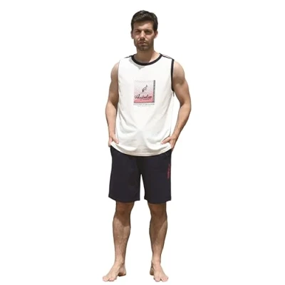 Immagine di AUSTRALIAN Completo Estivo in Cotone per Uomo, Completino Maglia e Pantaloncino (IT, Testo, L, Regular, A1010JF Panna/Blu)