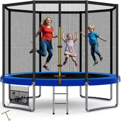 Immagine di Devoko Trampolino Elastico per Adulti e Bambini, Tappeto da Giardino Ø 183/228/305/366/427 cm Set Completo con Rete di Sicurezza, Scaletta, Copertura, Scarpe,150 kg(Nero)