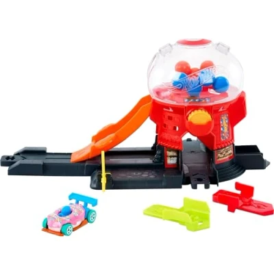 Immagine di Hot Wheels Negozio di Caramelle, Set Pista con rampa, Veicolo a Forma Ciambella in Scala 1:64 Incluso e Speed Snap Track, Giocattolo per Bambini, 3+ Anni, JBM62