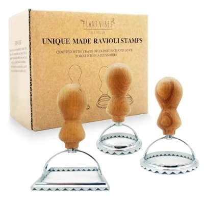 Immagine di Plantvibes Set di 3 tagliapasta per ravioli con manico in legno, timbri e taglierina