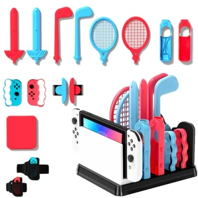 Immagine di OLDZHU set di accessori sportivi 16 in 1 con organizer compatibile Nintendo Switch &amp; console OLED, 2024, per feste famiglia, gioco