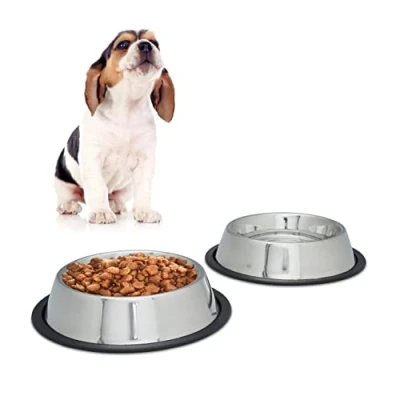 Immagine di Relaxdays Set 2 Ciotole per Cani in Acciaio Inox, Acqua e Cibo, Antiruggine, Antiscivolo, Misura M, 0,5 l, Argento