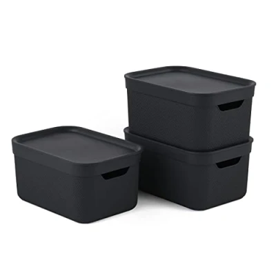 Immagine di Jive Dekobox Set da 3 scatole decorative portaoggetti 5 l con coperchio, plastica (PP riciclato), nero, 3x5 (26.5 x 18.5 13.5 cm)