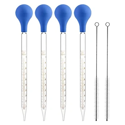 Immagine di QWORK 4 Pezzi Pipettes in Vetro,10ml Dropper Pipette con Sfera di Aspirazione Gomma + 2 spazzola per la pulizia