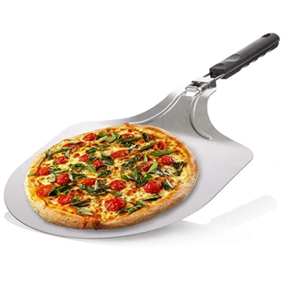 Immagine di COM FOUR® pala per pizza in acciaio inossidabile 430 sollevatore e torta con manico pieghevole pizza, torte, panini pane (color argento/nero angolare)