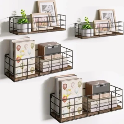 Immagine di BAKAJI Set 4 Mensole da Parete Design Industrial in Legno Color Noce con Staffe Metallo, Scaffalatura a Muro Multiuso, Scaffale per Camera Letto, Soggiorno, Cucina, Bagno, Libreria Salvaspazio
