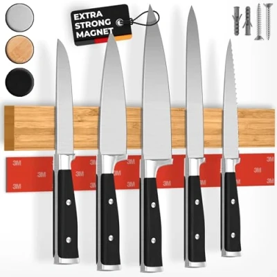 Immagine di Coltello a barra magnetica con magnete extra forte Confronto vincitore 2022 Facile montaggio nastro adesivo 3M, autoadesiva in bambù 40cm