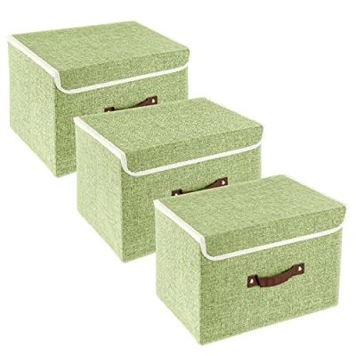 Immagine di TYEERS Scatole Portaoggetti Tessuto, Lavabile, con Coperchio Pieghevole, 38x25x25 cm, Set di 3, Verde