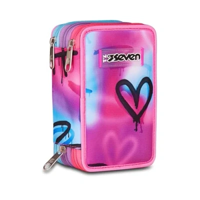 Immagine di Seven Astuccio Scuola 3 Zip, Fucsia Azzurro, Portapenne Triplo Scomparto Completo Di Penne, Matite, Colori, Accessori Zaino, Elementare, Bambina