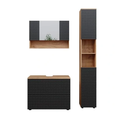 Immagine di Vicco set mobili bagno Irma, Quercia dorata/Antracite, 3 pezzi, con mobile a specchio 80 cm