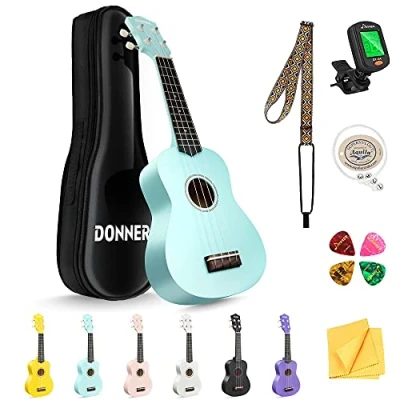 Immagine di Donner Ukulele soprano per principianti adulti ukelele con cinturino online gratuito lezioni sintonizzatore stringa, DMU 01 21 pollici opaco ukalee Bundle Kit Macaron Series Menta Verde