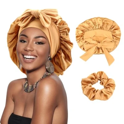 Immagine di DRESHOW Cuffia con Treccia di Raso per Donna Seta Dormire Fascia Elastica da Notte Capelli Ricci Lunghi Locs