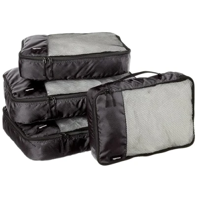 Immagine di Amazon Basics Organizer da Viaggio Salvaspazio per Valigie, con Cerniera, Set 4 Pezzi, 2 Medi e Grandi, Nero