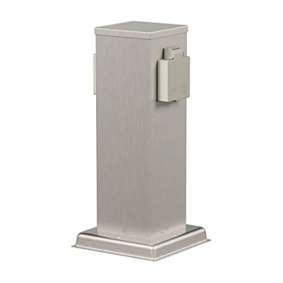 Immagine di ledscom.de Colonna di presa da giardino POLLY per esterni, IP44, a 2 vie, acciaio inox, plastica, angolare, 27 cm, corrente esterno, giardino, torre