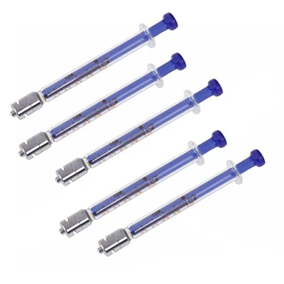 Immagine di Confezione da 5 siringhe in vetro con tappi, siringa riutilizzabile 1 ml, colore blu Luer lock, calibro iniettore laboratorio per