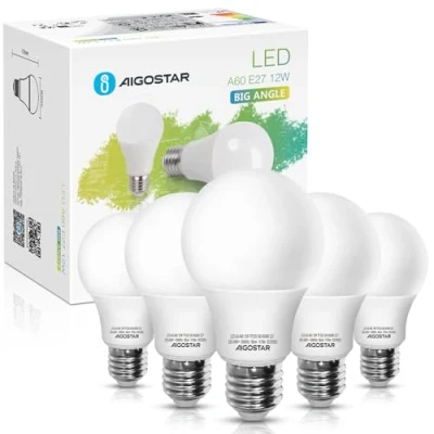 Immagine di Aigostar Lampadine LED E27 12W (equivalenti a 81W),Luce Fredda 6500K 1170 lumen,A60 Lampadina Super Luminosa,Pacco da 5