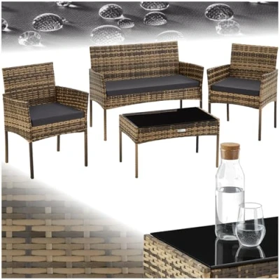 Immagine di TecTake® Set da Giardino in Rattan, 4 Posti, Polyrattan Resistente, Cuscini Idrorepellenti Lavabili, Struttura Acciaio Stabile, Tavolino con Vetro di Sicurezza, Arredo Esterno Naturale