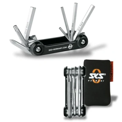 Immagine di SKS GERMANY TOM mini tool bicicletta multifunzionale (mini ruota portautensili, in acciaio inossidabile/alluminio, molte funzioni di utensili integrate).