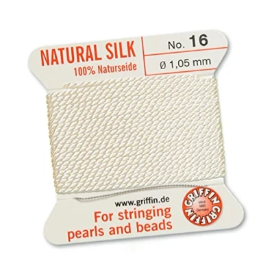 Immagine di Griffin Filo/cordino/corda per infilatura di perle e perline, al 100% in seta natural, da 2 metri lunghezza, con un ago, disponibile 13 misure, colore: bianco, White, 1.05mm