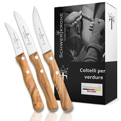 Immagine di Schwertkrone coltello verdura Set di coltelli in legno manico uliva Solingen Germania frutta pelatura ulivo inox lama curva becco uccello dritto appuntito indietro