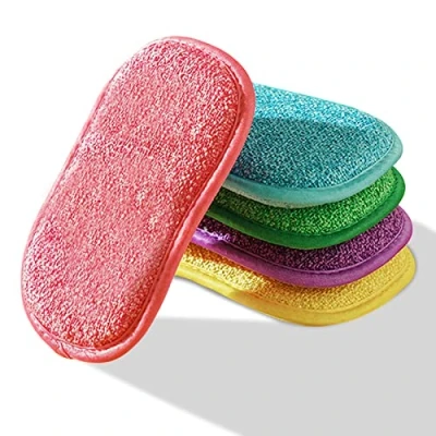 Immagine di spugne abrasive antibatteriche in microfibra a doppia azione, confezione da 5 pezzi, per la pulizia e lavare i piatti, antiaderenti, antigraffio