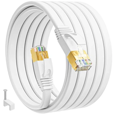 Immagine di Cavo Ethernet 15 Metri, Cat 7 Lan 15m lungo Piatto RJ45 Gigabit FTP Schermato Internet Anti jamming di Rete Bianco per Router Modem