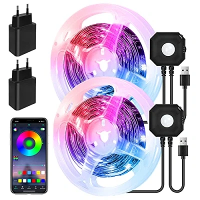 Immagine di Striscia LED 3M, Luci con Sensore di Movimento PIR,USB Striscia,Controllo APP Luminosa Attivata dal Movimento,RGB Notturna Rilevatore per Letto, Scale, Armadietto