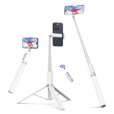 Immagine di ATUMTEK Bastone Selfie Tripode 174cm, Stick Alluminio con Telecomando Bluetooth Ricaricabile, Compatibile Smartphone iPhone e Android, Perfetto per Viaggi, Vlog, Video Foto, Bianco