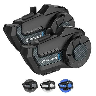 Immagine di Moman Interfono Moto, H2 Pro【2 Pezzi Fibra di carbonio】 Auricolare Casco Moto Coppia 1000M Sistema Comunicazione con Cancellazione del Rumore DSP&amp;CVC,