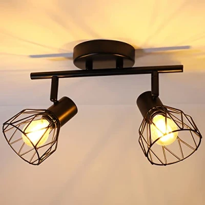 Immagine di Dehobo Faretto Led Interno da Soffitto Nero, Lampada Vintage Industriale E14, Luci per 2 Lampadine E14 non Incluse, Faretti Parete Orientabili Soggiorno Camera Letto, Max 40W