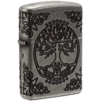 Immagine di Zippo accendino antivento in metallo a lunga durata, ricaricabile, perfetto per sigarette, sigari, candele, tascabile, con albero della vita, altro, armatura argento anticato, standard