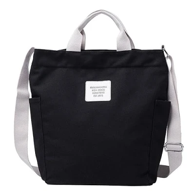 Immagine di WANYIG Borsa Tote Donna Stile Coreano Shopping Grande a Tracolla Tela con Cerniera Ragazza Cinturino Regolabile (Nero)