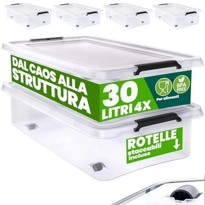 Immagine di Deuba® 4X 30L Scatole in Plastica Trasparente Senza BPA Contenitori con Coperchio Impilabili Ruote Cassette Salvaspazio