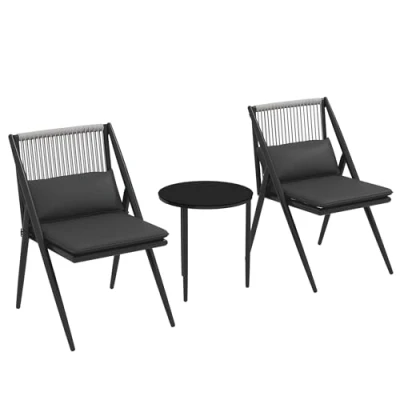 Immagine di Outsunny Set da giardino bistrot, 3 pezzi, 2 poltrone con cuscini + tavolino rotondo in vetro temperato telaio alluminio grigio