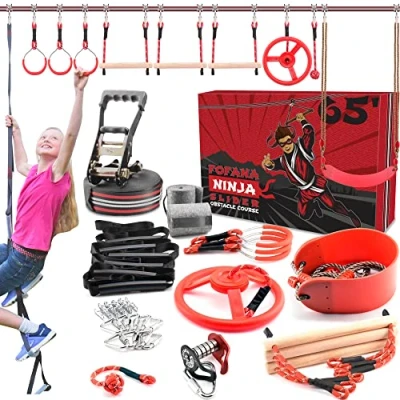 Immagine di Ninja Warrior Obstacle Course for Kids Outside 19.8 Meters Slider Included Largest 11 Obstacles Climbing Ladder, Spinning Wheel, Gym Rings, Monkey Bars, &amp; More