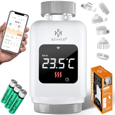 Immagine di KESSER® Termostato per termosifone WiFi riscaldamento Wi Fi con controllo app Smart Home Alexa, Google Assistant 6 valvole radiatore, risparmio energetico e costi
