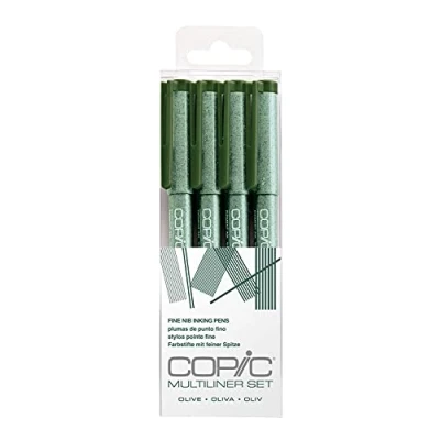 Immagine di Copic Set Multiliner Olive, 4 penne in diversi spessori, da disegno con inchiostro pigmentato resistente all&#039;acqua e all&#039;alcool, per schizzi, illustrazioni outline
