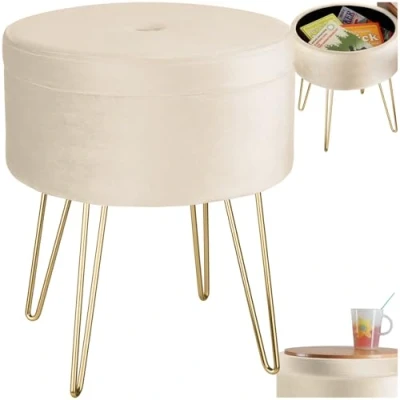 Immagine di TecTake 800831 Sgabello Rotondo in Effetto Velluto, Grande Scomparto Interno, Gambe Color Oro Filigrana Scintillante, Capacità Massima di Carico 300 kg (Bianco Crema)