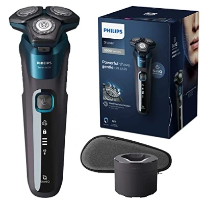 Immagine di Rasoio elettrico Philips S5000 Wet &amp; Dry in grigio carbonio con 1 rifinitore a scomparsa, astuccio morbido, cappuccio di protezione e supporto ricarica (modello S5887/13)