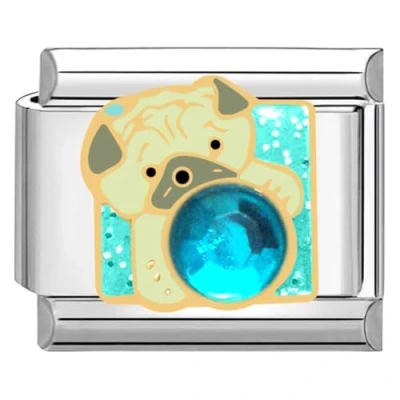 Immagine di Quiges Modulo Charm Link in stile italiano da 9 mm acciaio inox Cane con pietra di Blub per bracciali Italian Links